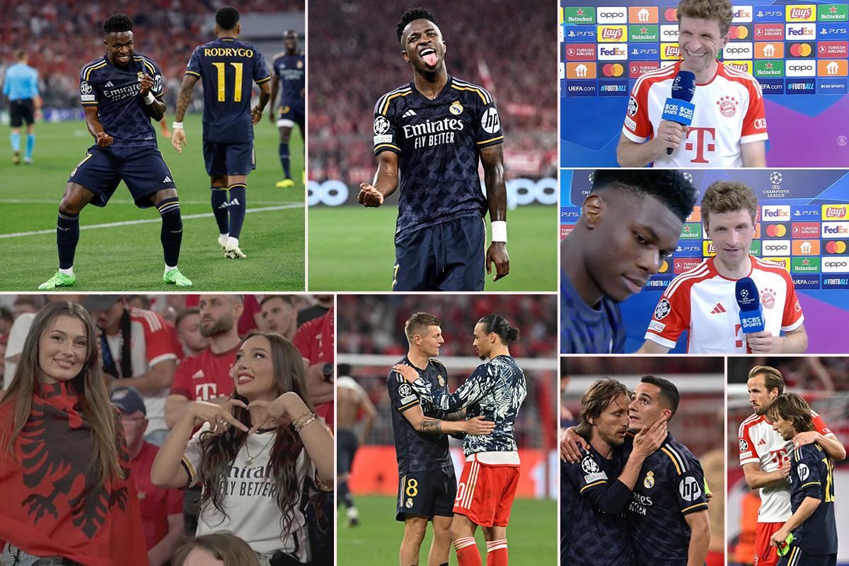 Tchouaméni interrumpe a Müller, Vinicius se divierte ante Bayern y las bellas chicas apoyando al Real Madrid