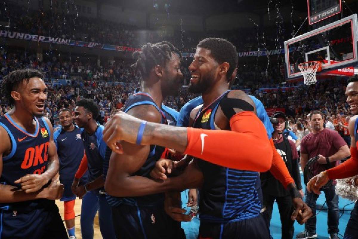 OKLAHOMA CITY, OK - APRIL 9: The Oklahoma City Thunder celebrate following their victory over the Houston Rockets on April 9, 2019 at the Chesapeake Energy Arena in Boston, Massachusetts. NOTE TO USER: User expressly acknowledges and agrees that, by downloading and or using this photograph, User is consenting to the terms and conditions of the Getty Images License Agreement. Mandatory Copyright Notice: Copyright 2019 NBAE Zach Beeker/NBAE via Getty Images/AFP