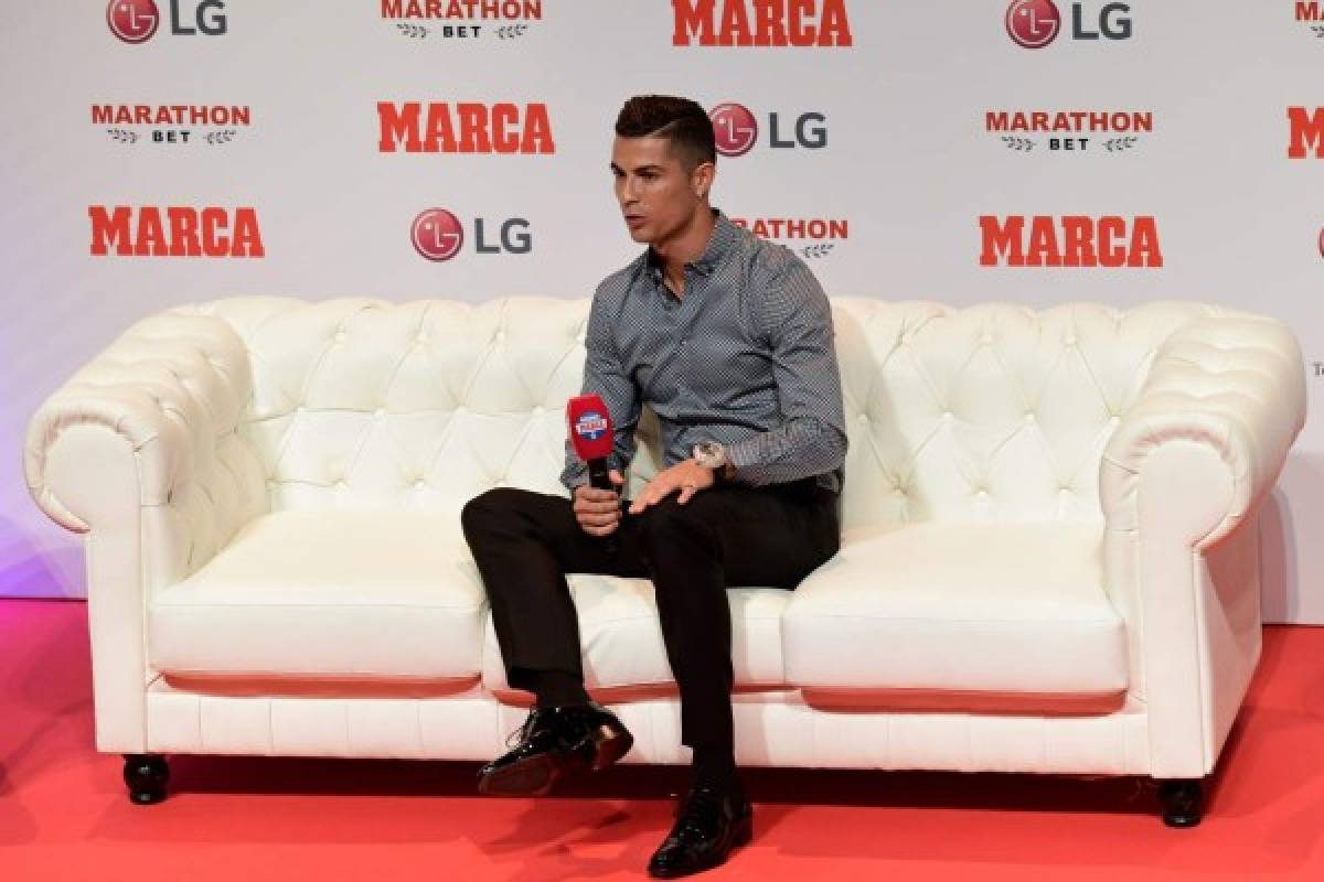 Portugal and Juventus forward Cristiano Ronaldo answers questions during an interview before receiving the MARCA Leyenda (MARCA Legend) award in Madrid on July 29, 2019. - The award is attributed to sport professionals by the Spanish sports newspaper MARCA. (Photo by JAVIER SORIANO / AFP)