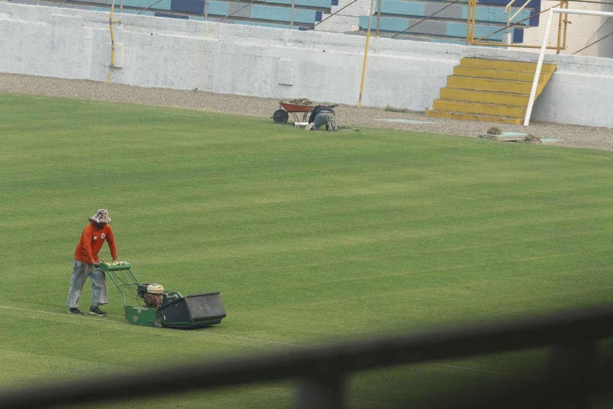 ¡Como mesa de billar! Estadio Morazán luce espectacular nueva grama y comienzan a realizar instalaciones