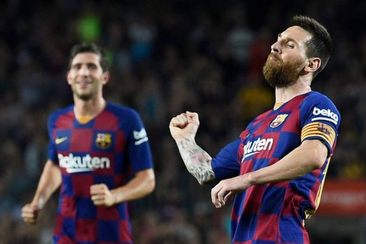 Barcelona's Argentine forward Lionel Messi celebrates his goal during the Spanish league football match between FC Barcelona and Sevilla FC at the Camp Nou stadium in Barcelona on October 6, 2019. (Photo by Josep LAGO / AFP)