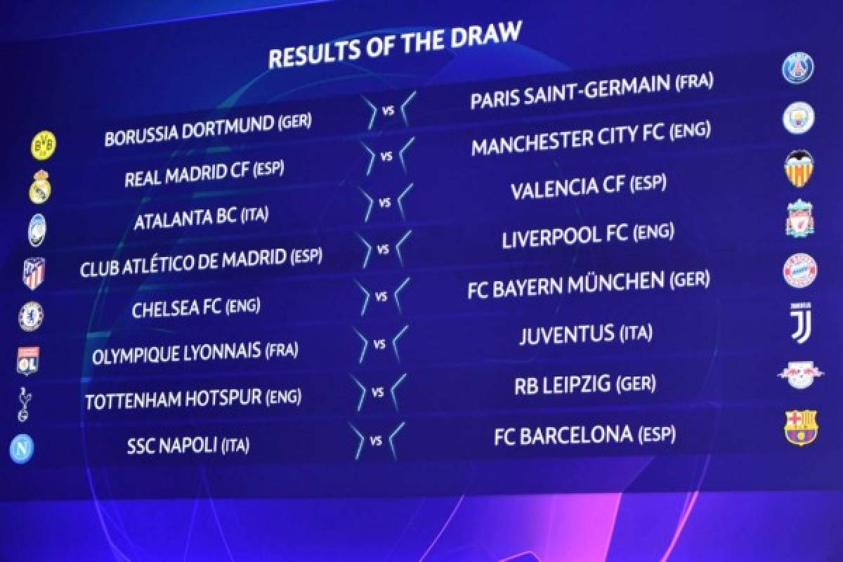 The results are displayed on a screen at the end of the UEFA Champions League football cup round of 16 draw ceremony on December 16, 2019 in Nyon. (Photo by Fabrice COFFRINI / AFP)