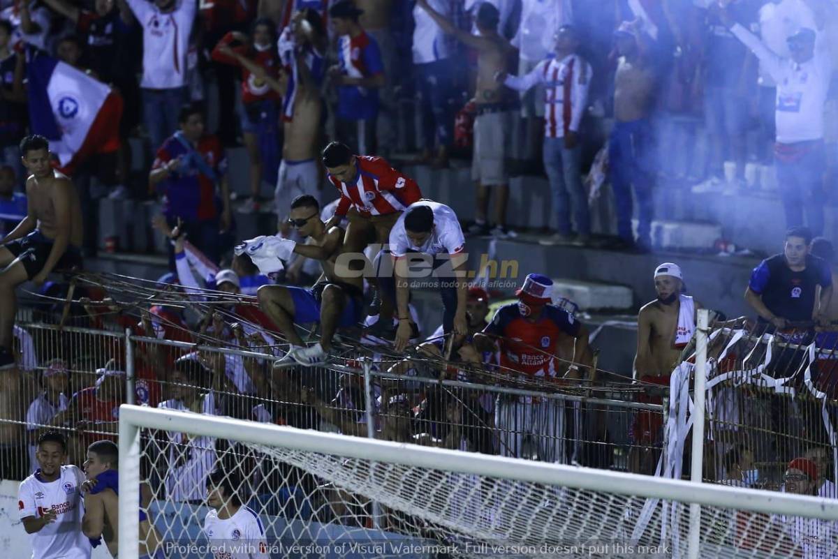 ¡Fiesta! La Ultrafiel invadió la cancha del Ceibeño y se lanzó encima de los jugadores de Olimpia festejando el pase a la final