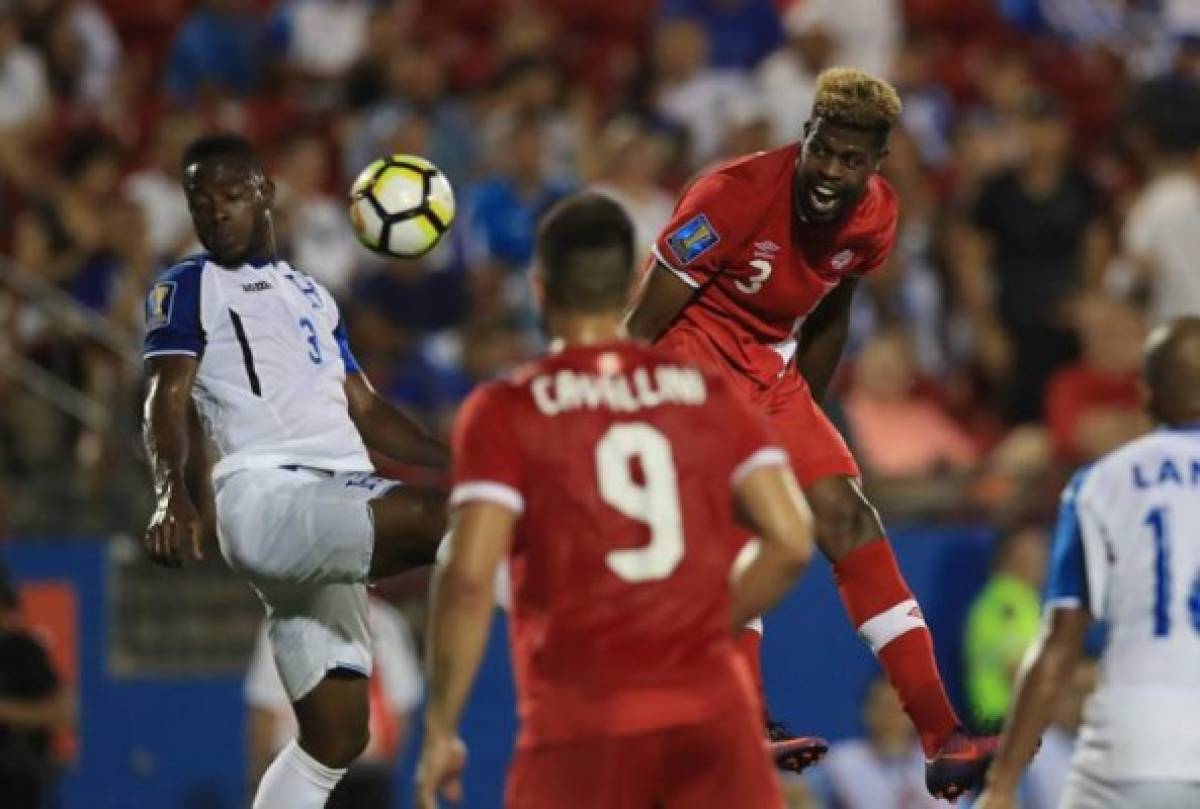 FRISCO, TX - JULY 14: (L-R) Maynor Figuero #3 of Honduras and Manjrekar James #3 of Canada during the 2017 CONCACAF Gold Cup at Toyota Stadium on July 14, 2017 in Frisco, Texas. Ronald Martinez/Getty Images/AFP== FOR NEWSPAPERS, INTERNET, TELCOS & TELEVISION USE ONLY ==