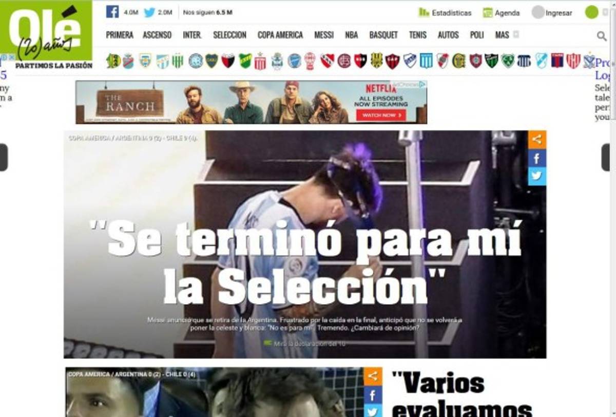 Prensa mundial impactada por el retiro de Messi de la selección