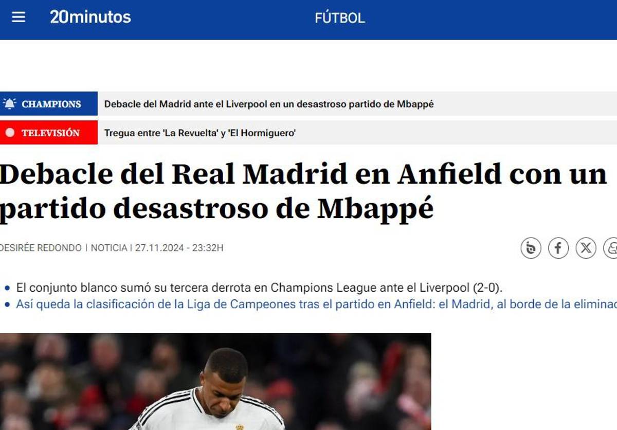 Lo que dice la prensa tras la dura derrota del Real Madrid ante el Liverpool en Champions y no perdonan a Mbappé