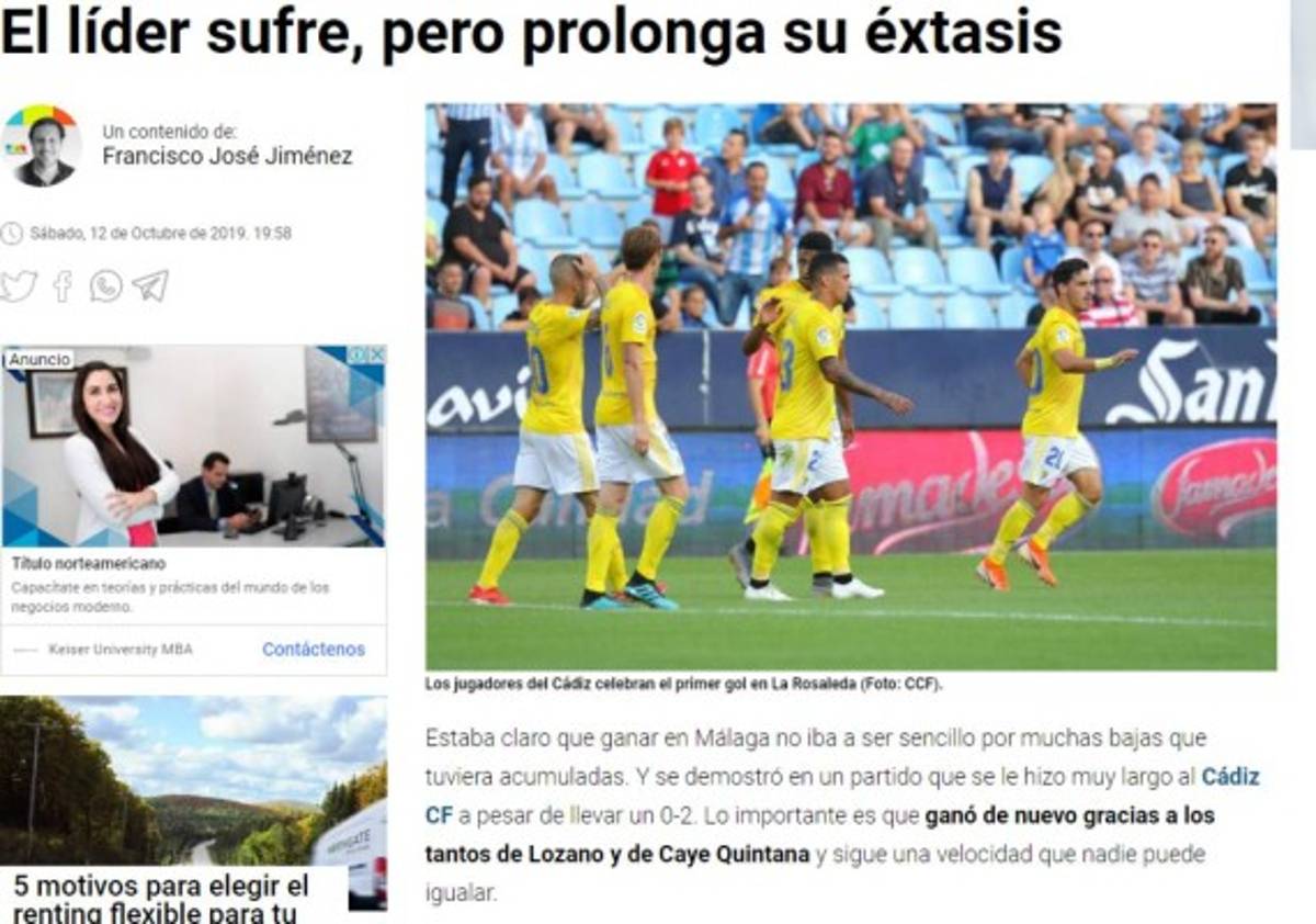 Lo que dice la prensa internacional del Cádiz y el Choco Lozano tras su cuarto gol consecutivo: 'Imparables'