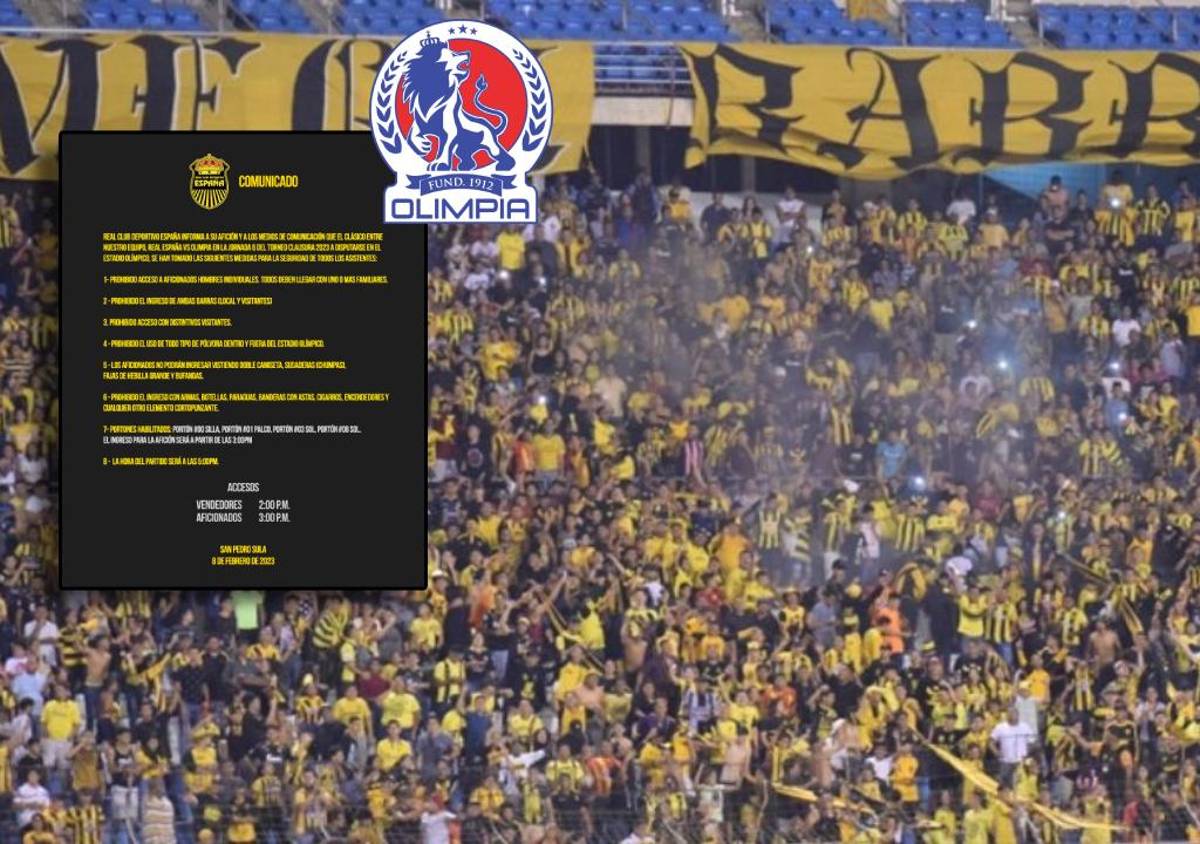 Real España prohibe ingreso de las barras y solo permitirá aficionados en familia en el clásico ante Olimpia
