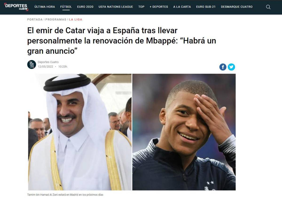 Así informa Deportes Cuatro sobre la noticia. El Emir de Qatar viaja a España para cerrar la renovación de Mbappé.
