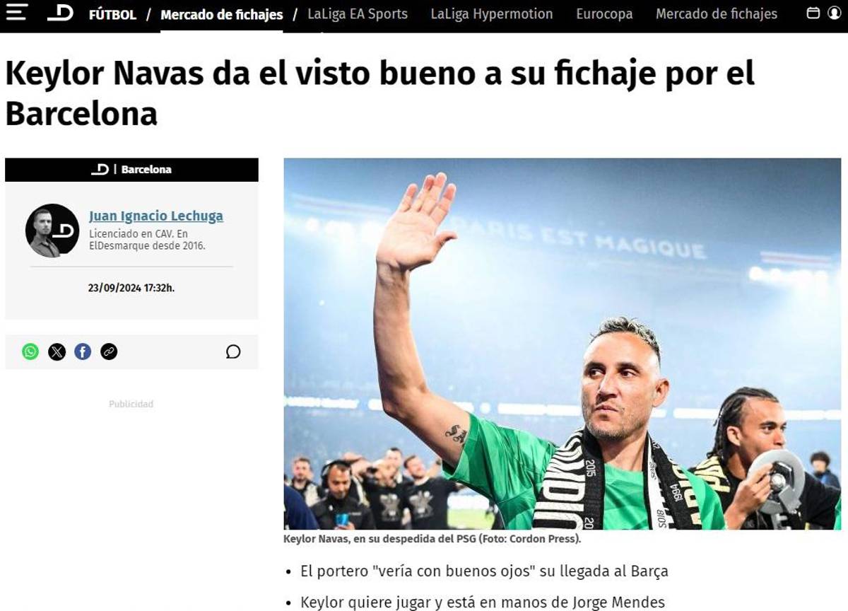 “Dispuesto a traicionar a Real Madrid” y “se deja querer”: Keylor Navas interesa al Barcelona y así reaccionó la prensa
