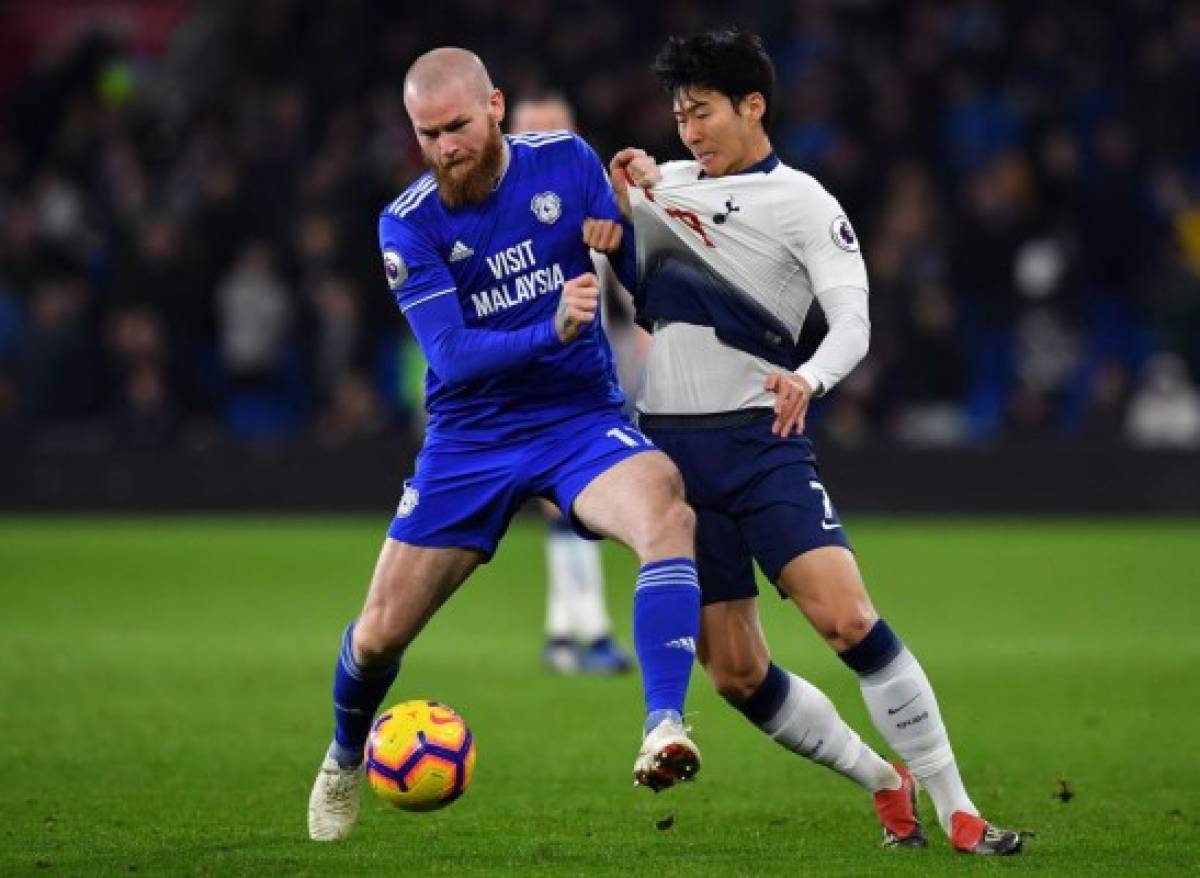 Cardiff City's Icelandic midfielder Aron Gunnarsson (L) vies with Tottenham Hotspur's South Korean striker Son Heung-Min during the English Premier League football match between between Cardiff City and Tottenham Hotspur at Cardiff City Stadium in Cardiff, south Wales on January 1, 2019. (Photo by Ben STANSALL / AFP) / RESTRICTED TO EDITORIAL USE. No use with unauthorized audio, video, data, fixture lists, club/league logos or 'live' services. Online in-match use limited to 120 images. An additional 40 images may be used in extra time. No video emulation. Social media in-match use limited to 120 images. An additional 40 images may be used in extra time. No use in betting publications, games or single club/league/player publications. /