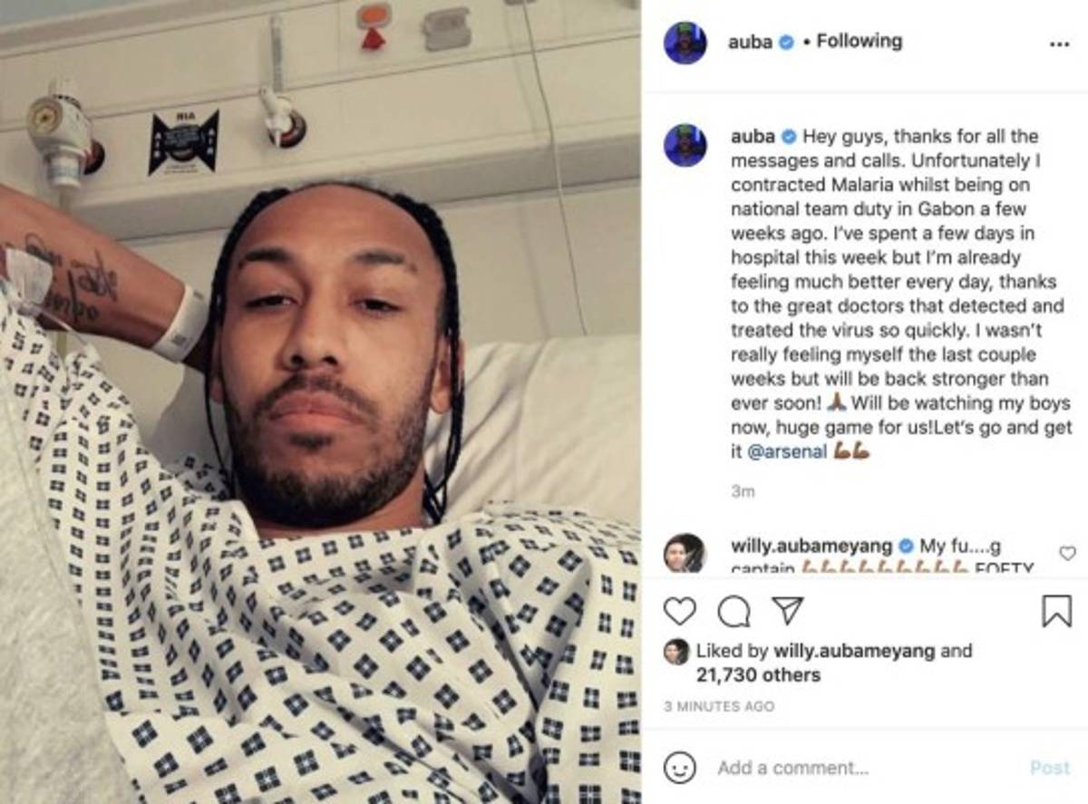 Estrella del Arsenal, Pierre-Emerick Aubameyang, comunica que padece de malaria