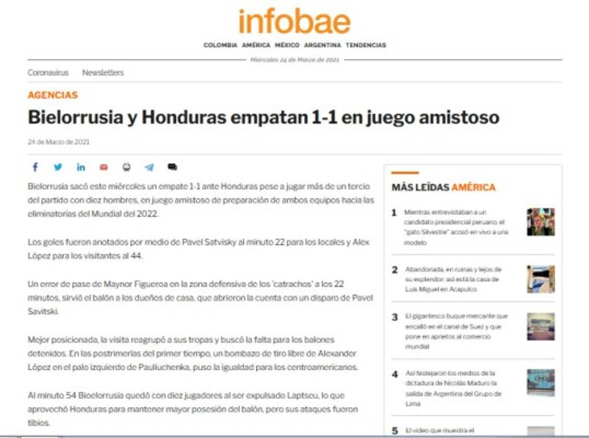 Prensa Internacional elogia a Alex López por su golazo en el empate de Honduras ante Bielorrusia