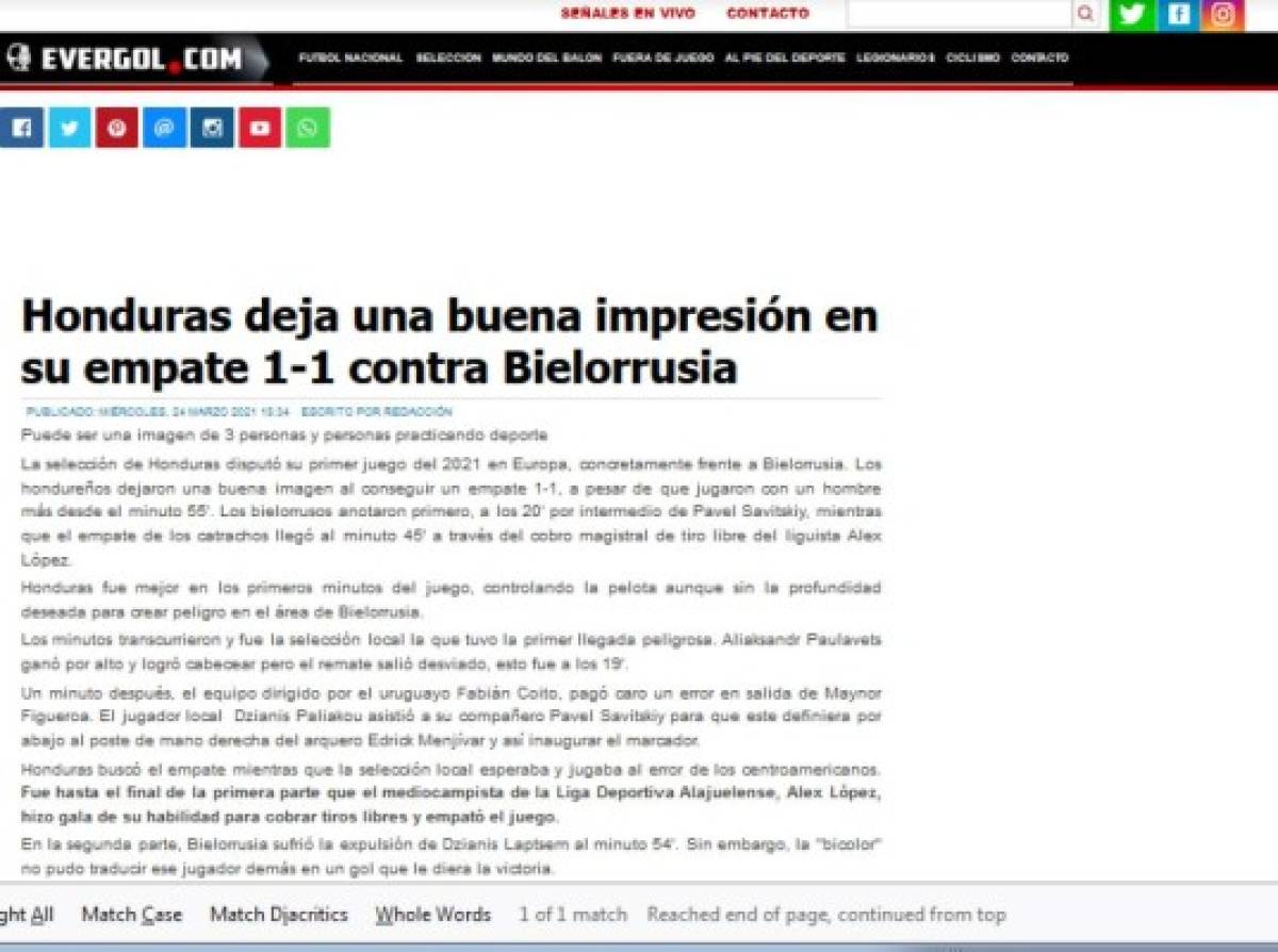 Prensa Internacional elogia a Alex López por su golazo en el empate de Honduras ante Bielorrusia