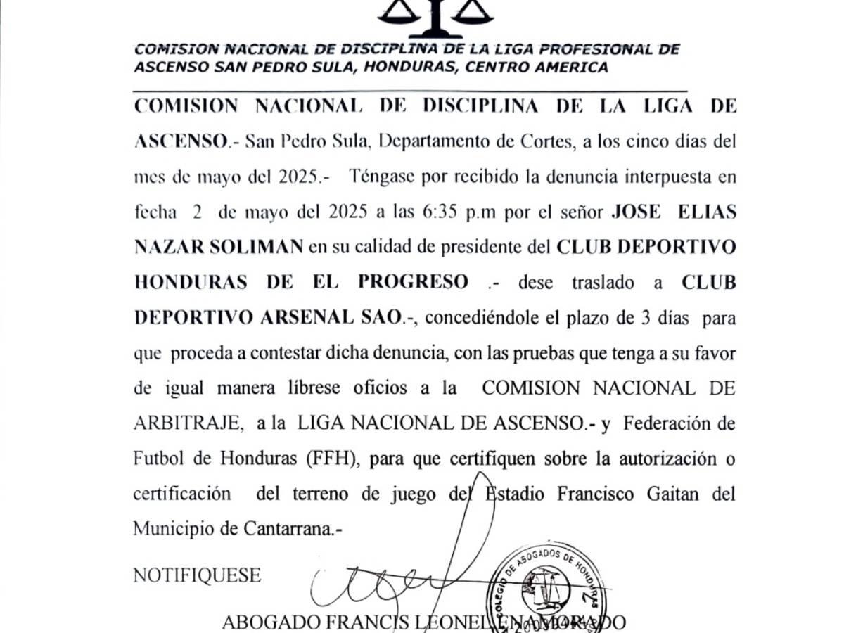 Comisión de Disciplina citó al presidente del Honduras Progreso tras denuncia en juego contra Arsenal SAO