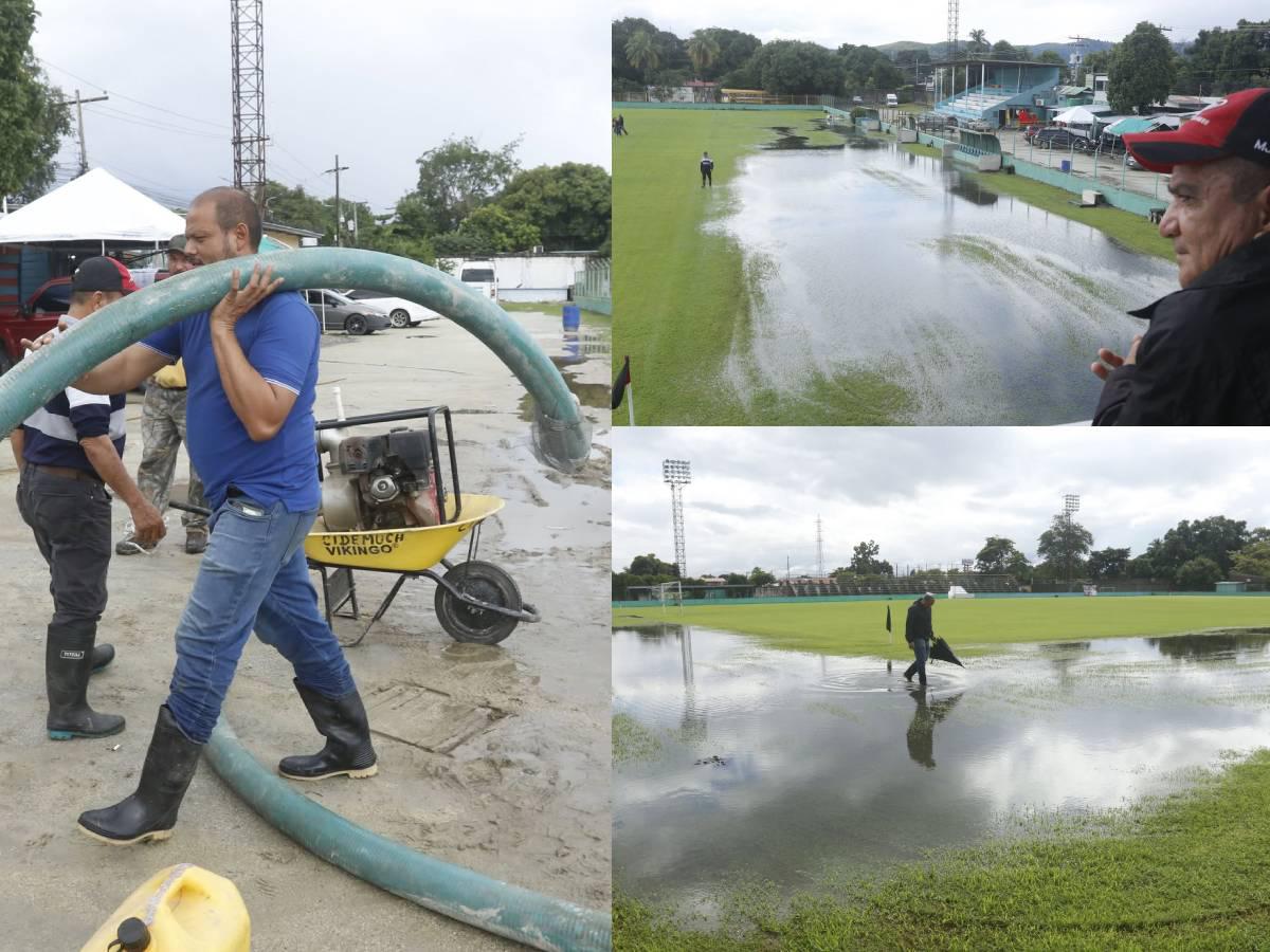 ¡Inundado! Estadio de la gran final de la Liga de Ascenso de Honduras entre Choloma y Platense quedó afectado por las lluvias