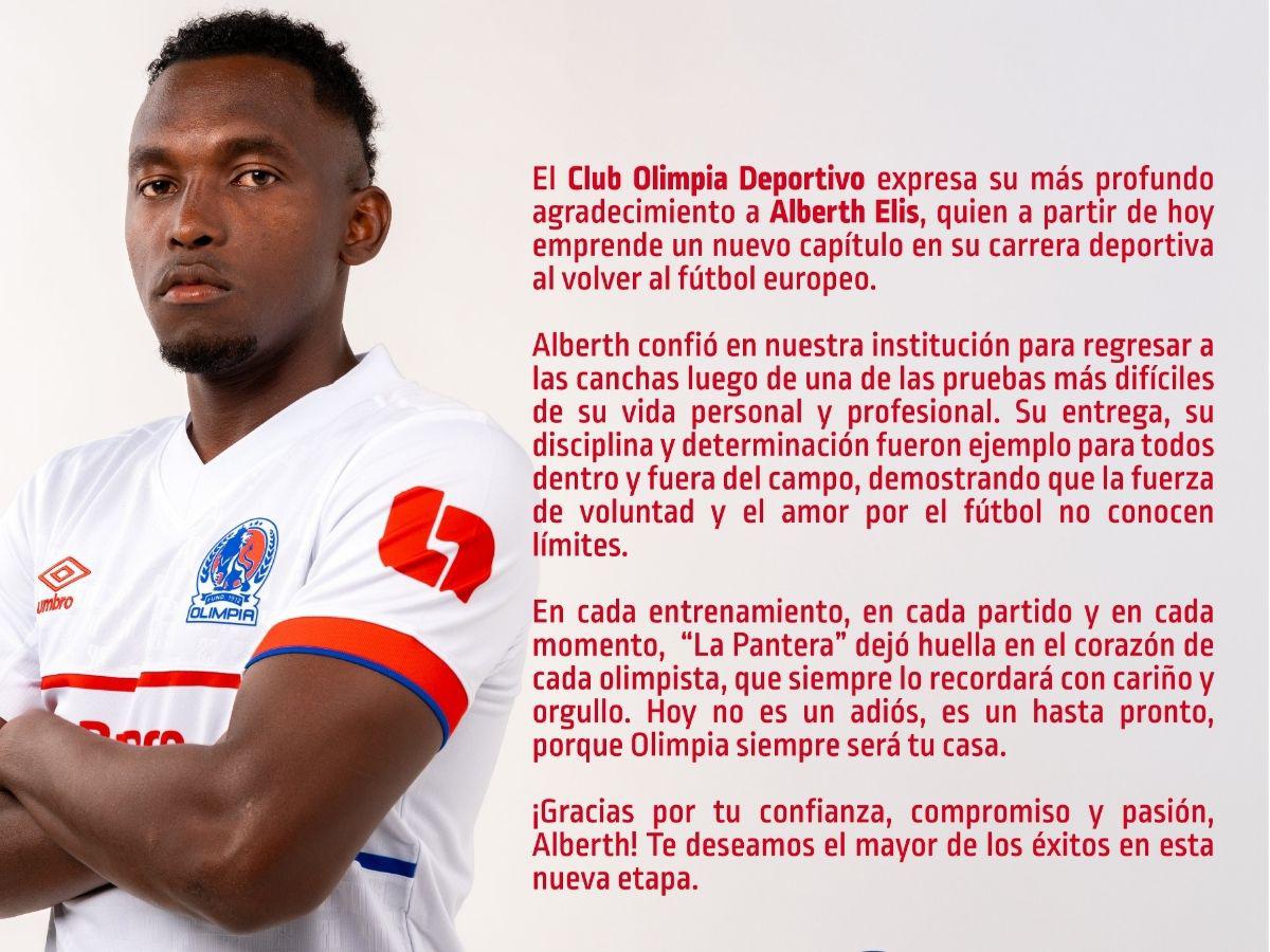 Olimpia oficializa la baja de Alberth Elis con emotiva carta de despedida: La Pantera dejó...