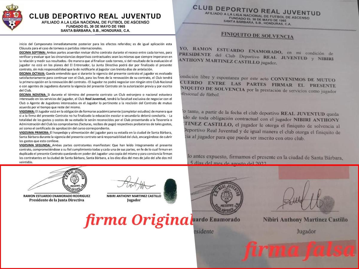 El primer contrato original del Real Juventud y el segundo (Juticalpa) aparentemente, falsificado.