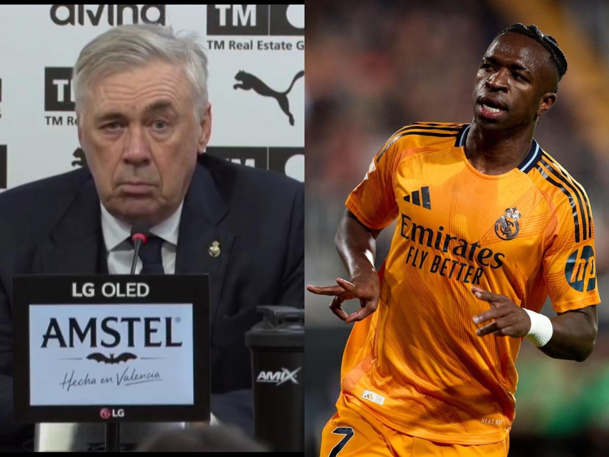Ancelotti defiende a Vinicius tras polémica expulsión en victoria de Real Madrid en Mestalla: “De verdad que no era roja”