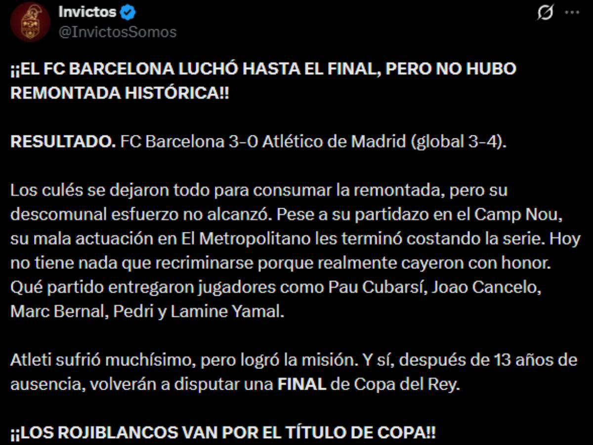 Honor a Barcelona, Al borde de la hazaña: la prensa reacciona tras la eliminación los culés y la clasificación del Atlético