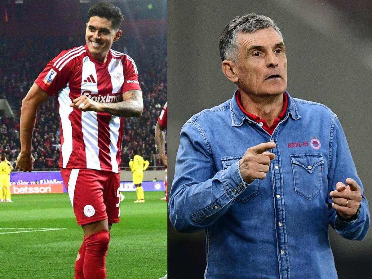 La reacción del técnico del Olympiacos al gol y asistencia de Luis Palma luego de haberle llamado: jugador huevón