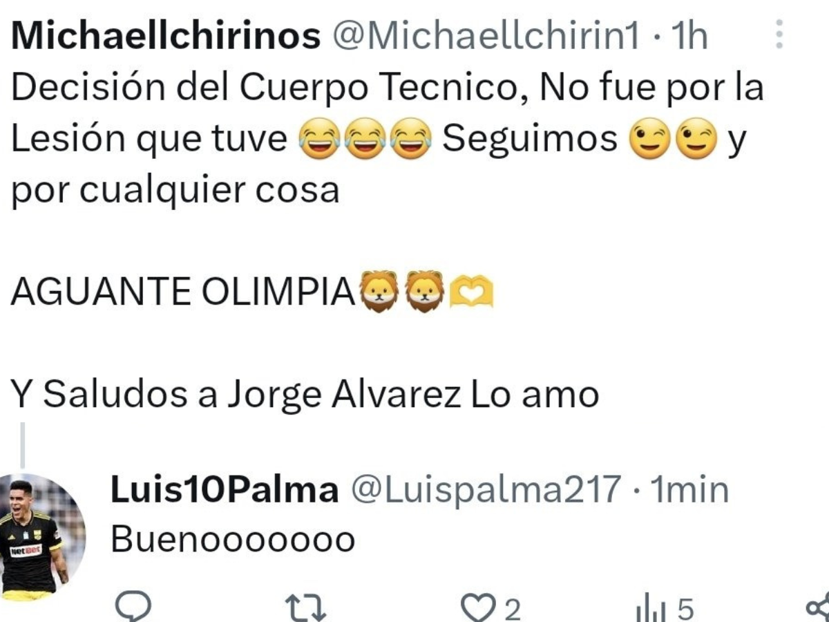 La interacción de Michaell Chirinos en su cuenta de Twitter. Luis Palma le respondió a su compatriota.
