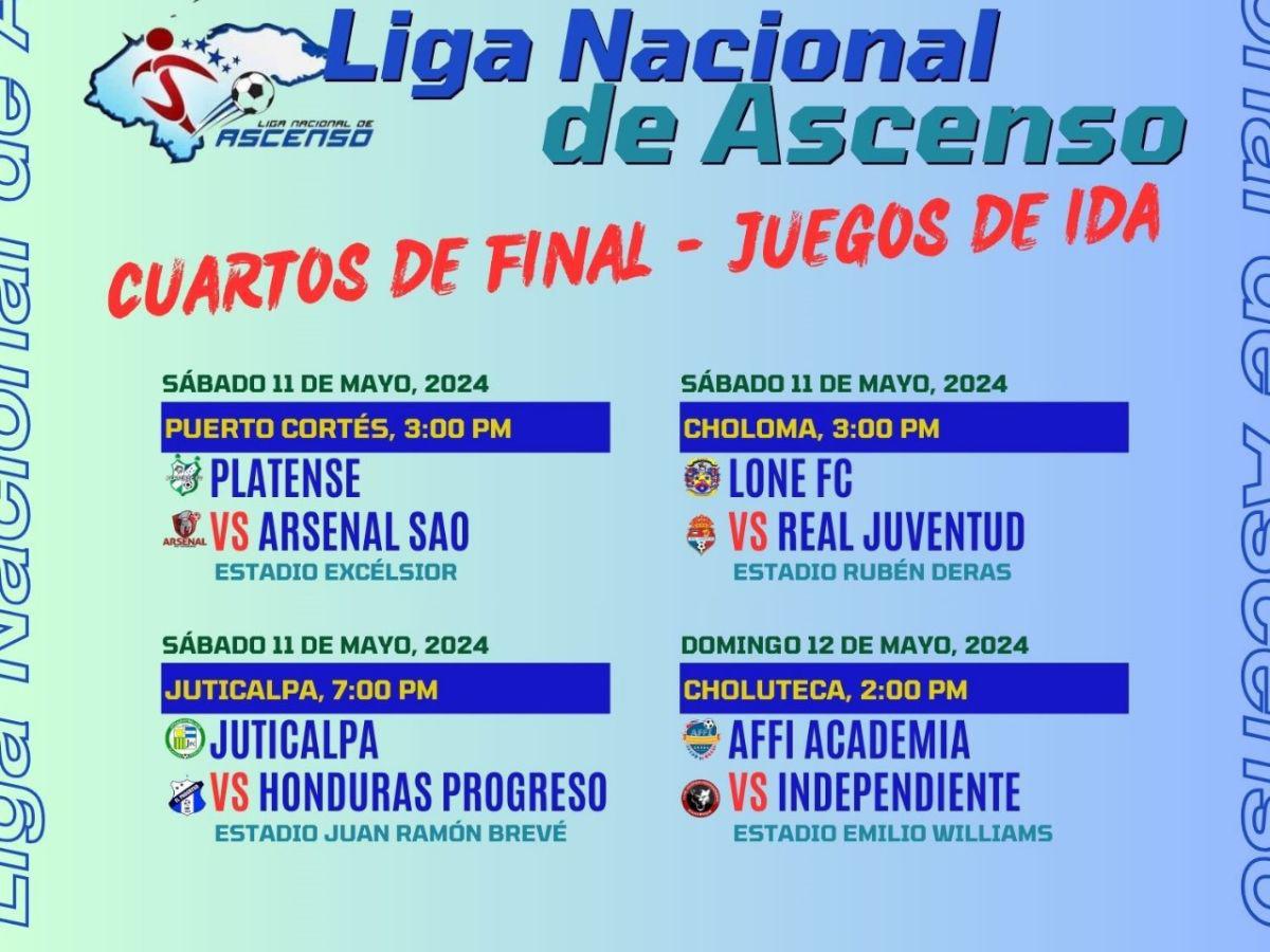 Sedes, fechas y horarios de los partidos de ida de los cuartos de final de la Liga de Ascenso.