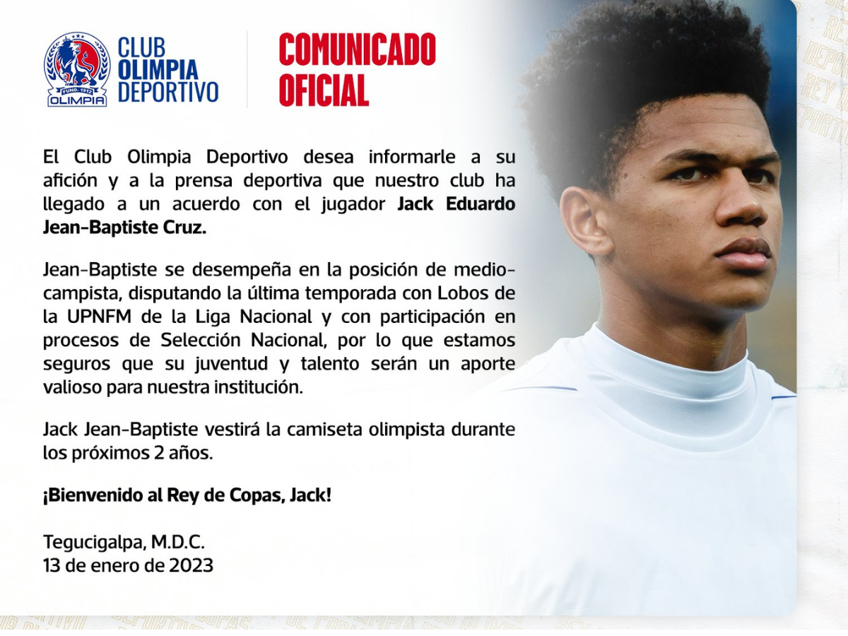 El comunicado oficial del fichaje de Jean Baptiste por Olimpia.