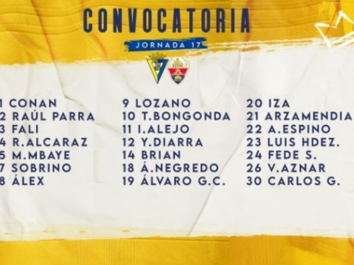 La lista de convocados del Cádiz para afrontar el partido ante Elche, por la jornada 17 de la Liga Española.