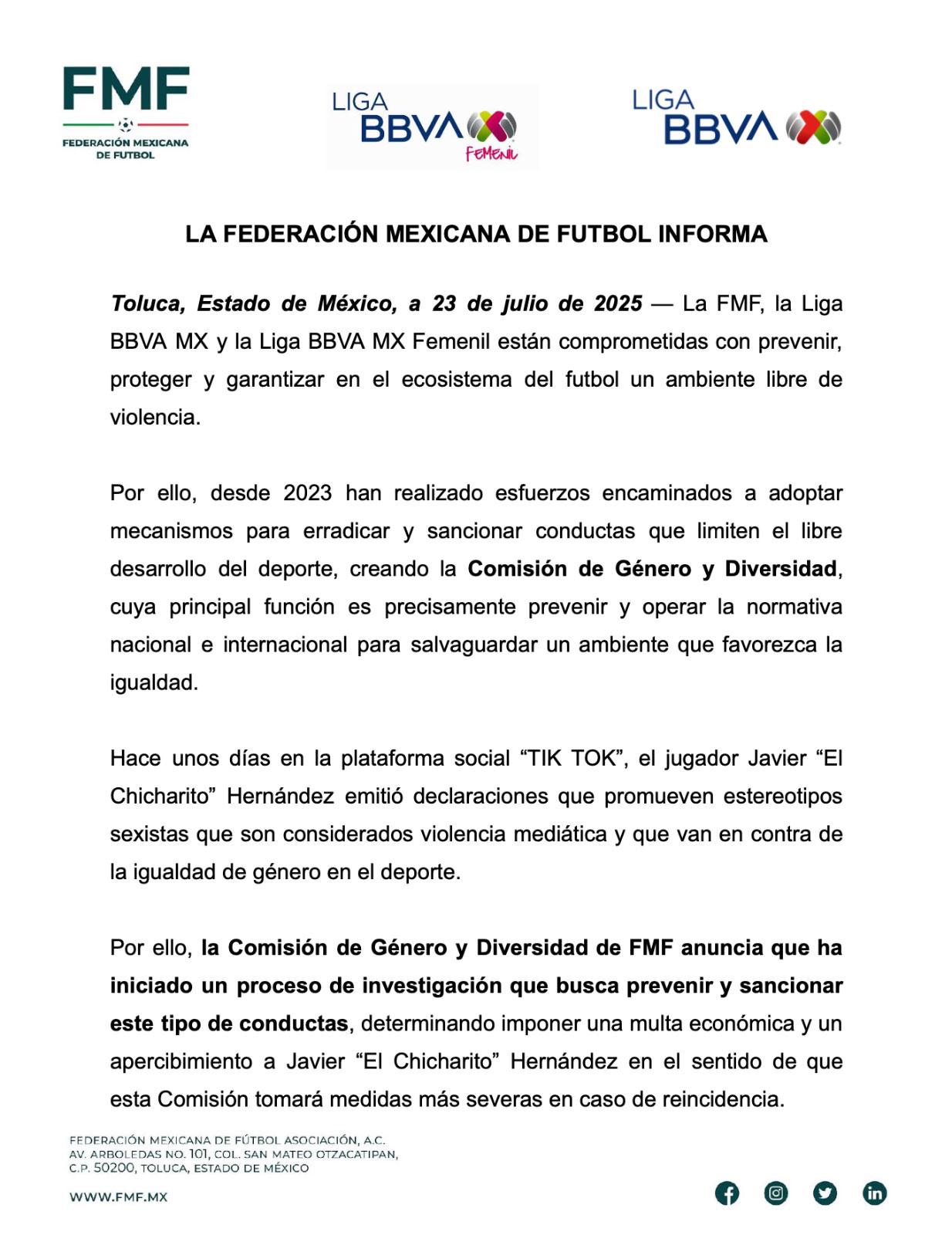 LA FMF planea sancionar a Javier Hernández por sus polémicas declaraciones.