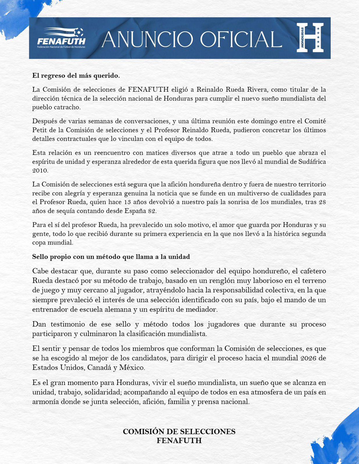 Fenafuth revela por qué eligieron a Reinaldo Rueda y el tiempo de su contrato con la Selección de Honduras