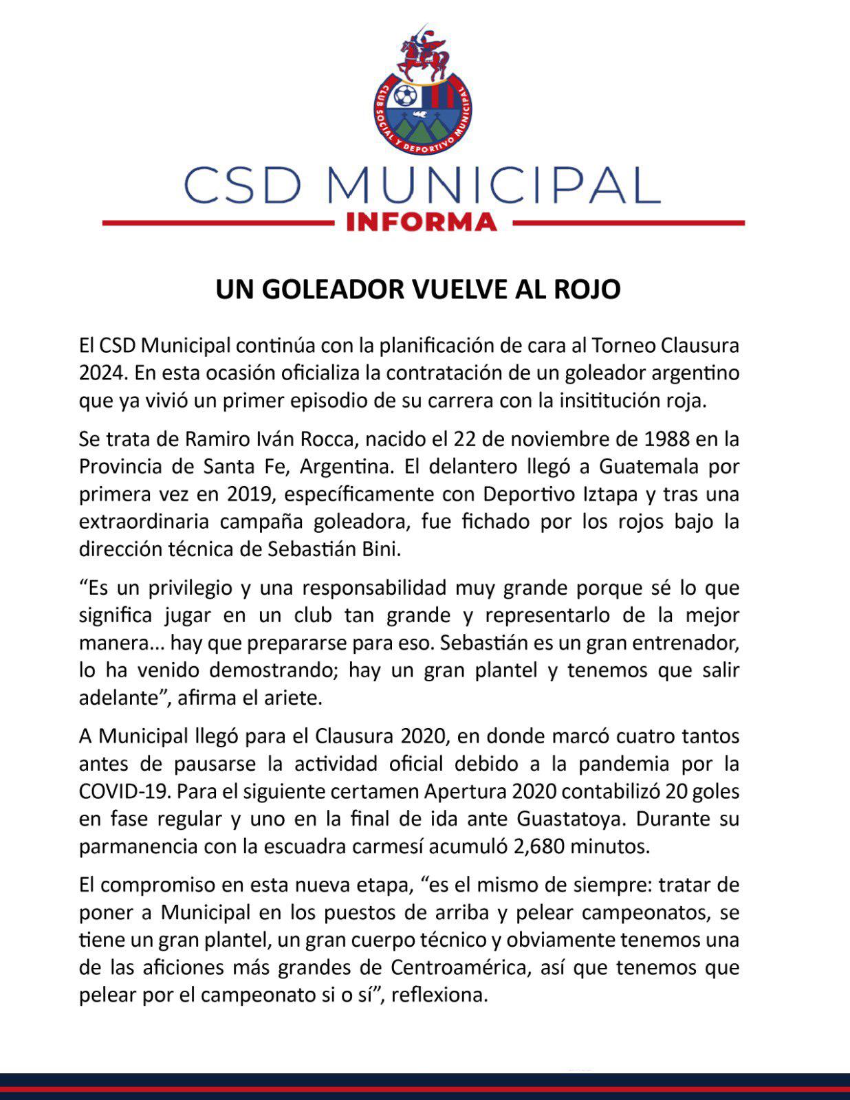 La oficialización del Municipal en el fichaje de Ramiro Rocca, ahora delantero del cuadro chapín.