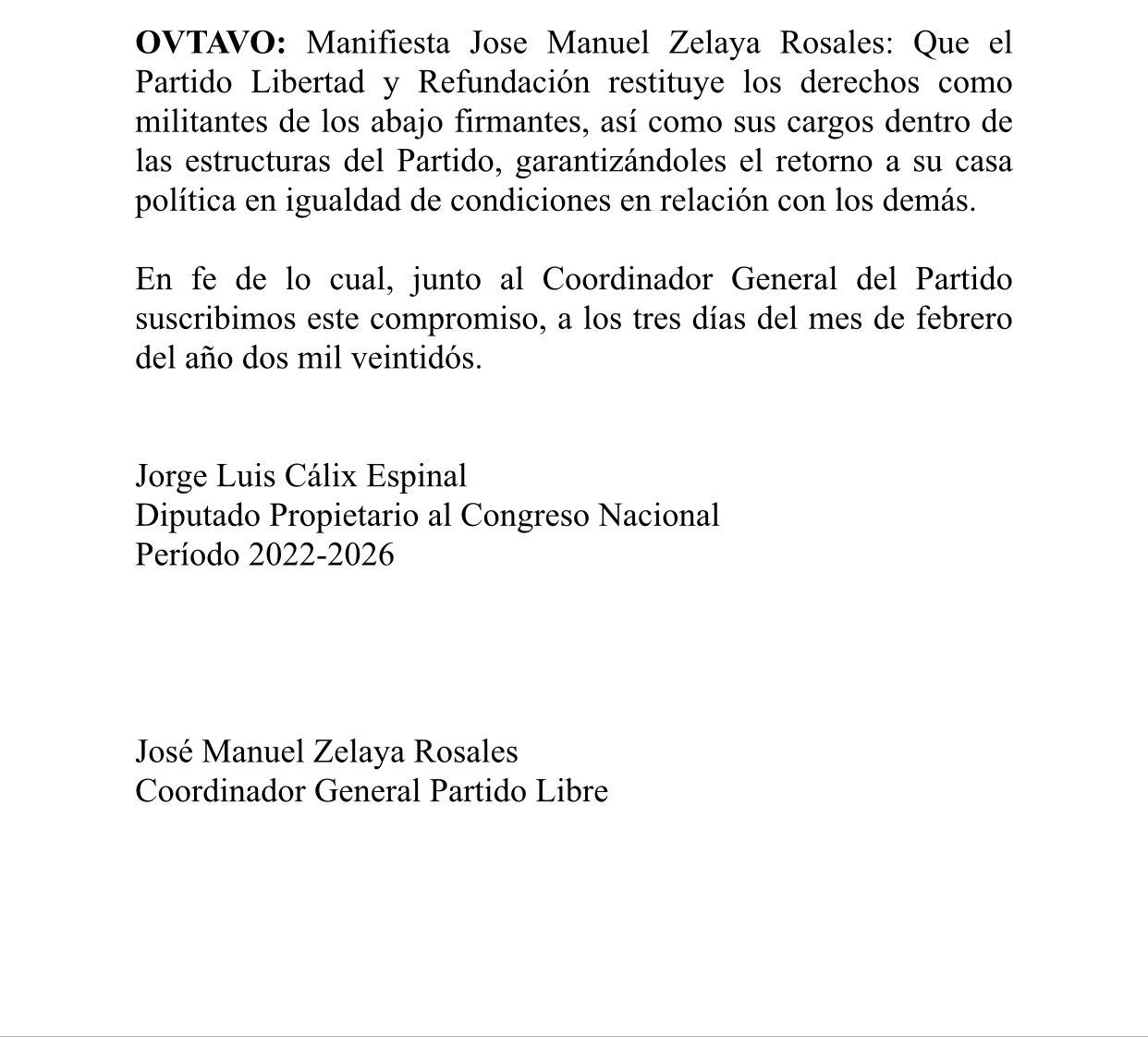 Jorge Cálix da un paso al costado y firma acuerdo para que Luis Redondo continúe como único presidente del Congreso Nacional