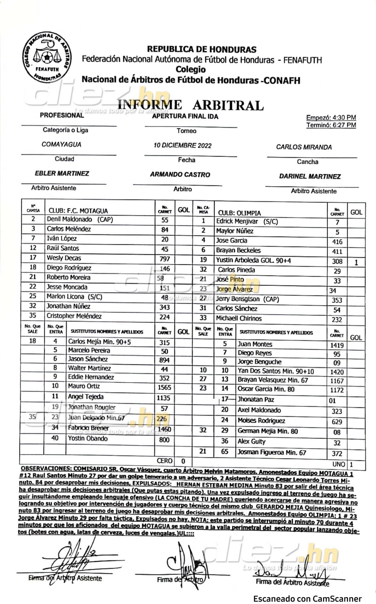 El acta arbitral de la ida de la final Motagua-Olimpia.