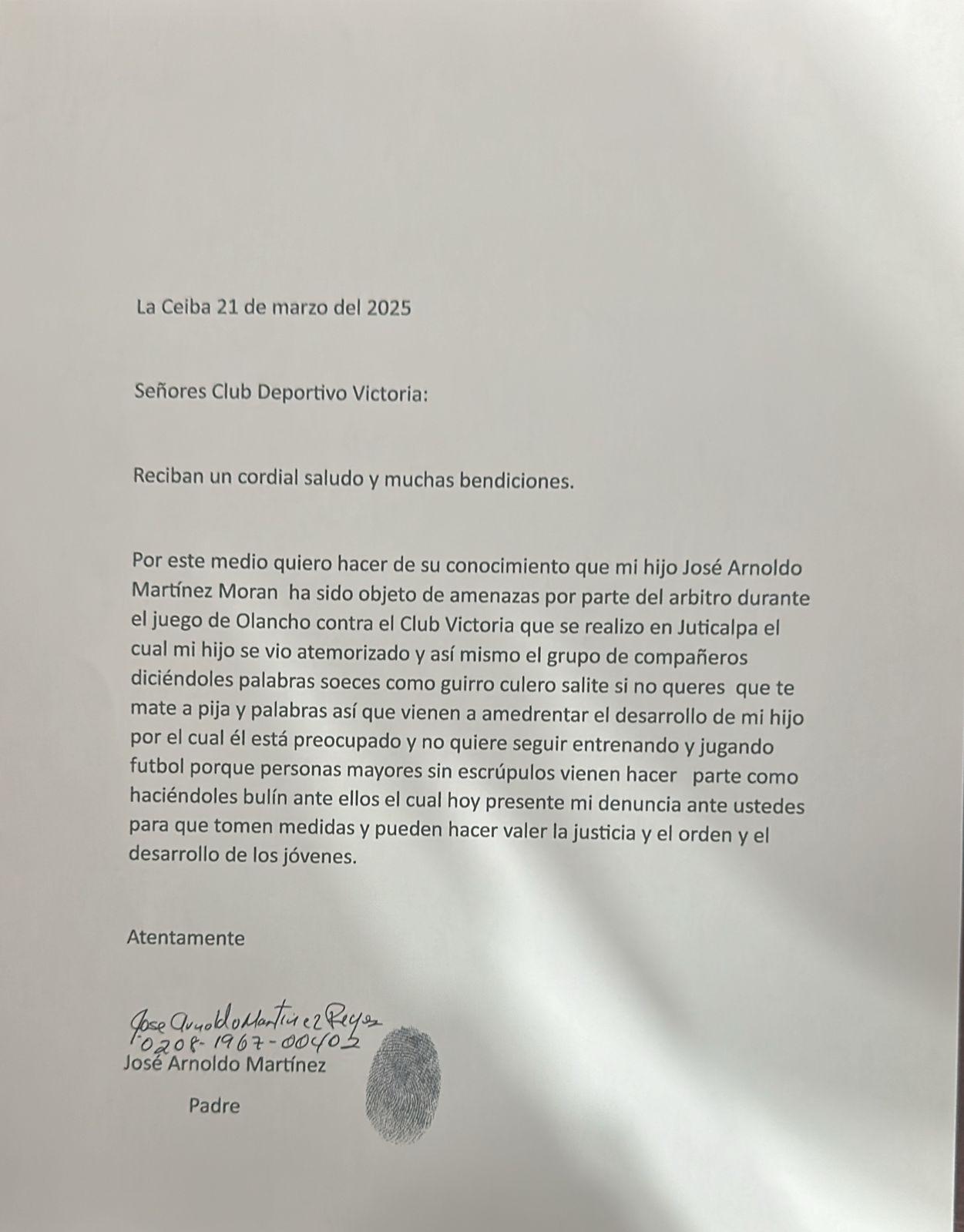 La denuncia interpuesta por parte de padre José Arnaldo Martínez, futbolista del Victoria.