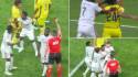 Vinicius vio la tarjeta roja por tomar del pelo a Saliba antes que marcar el segundo tanto que fue anulado.