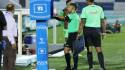 El árbitro Armando Castro revisando el FVS en una jugada polémica durante el partido entre Victoria y Motagua que se celebró este jueves en La Ceiba. Foto: Esaú Ocampo
