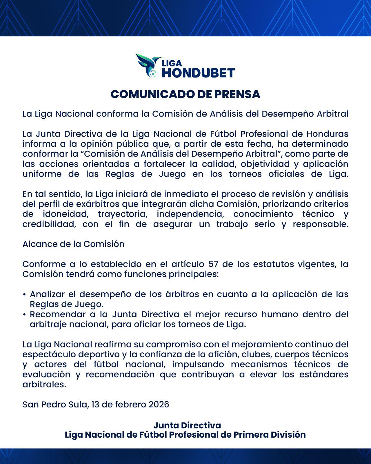 El comunicado de la Liga Nacional que confirma la Comisión de Análisis del Desempeño Arbitral.