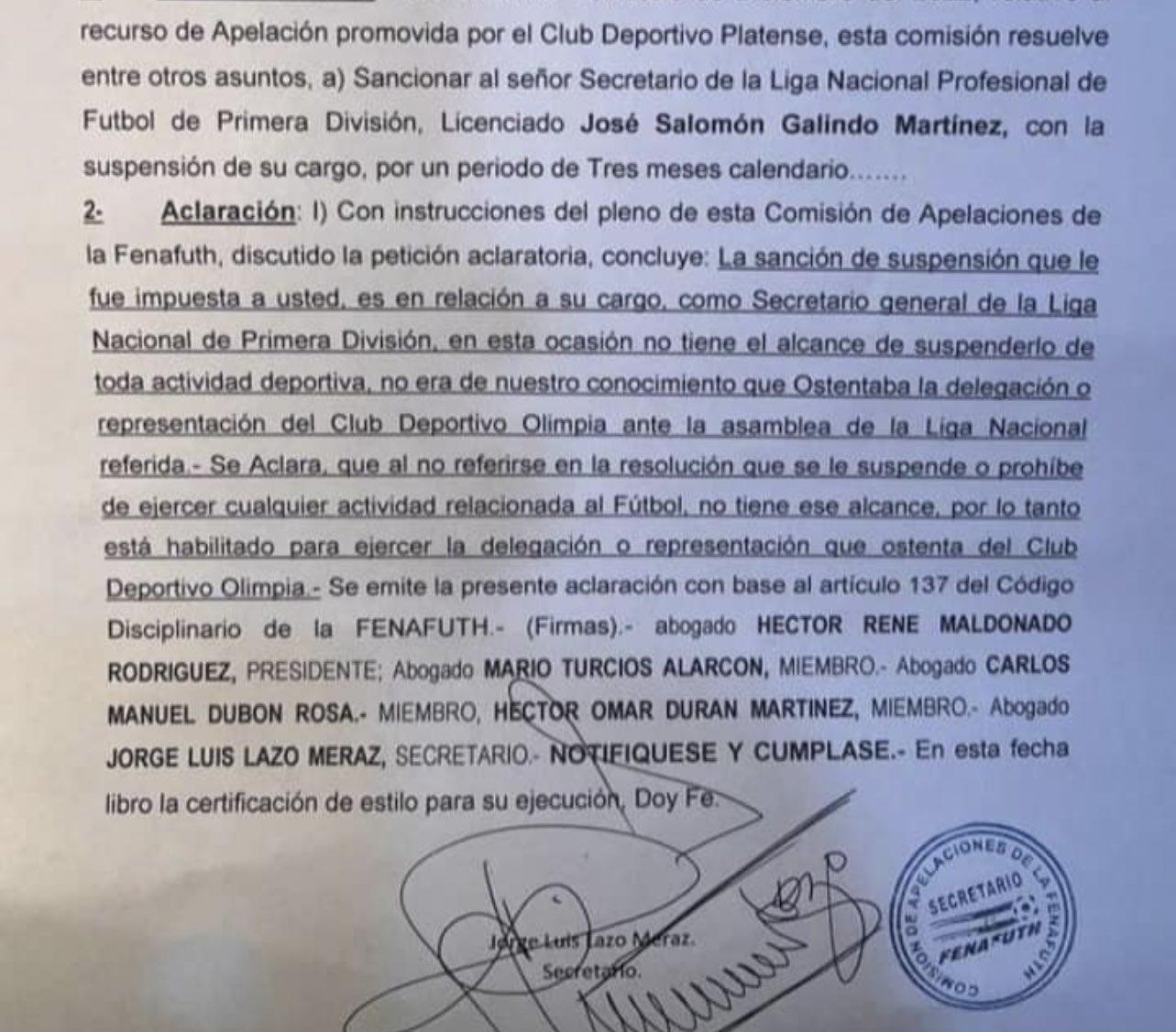 La explicación de la Comisión de Apelaciones de la Fenafuth.