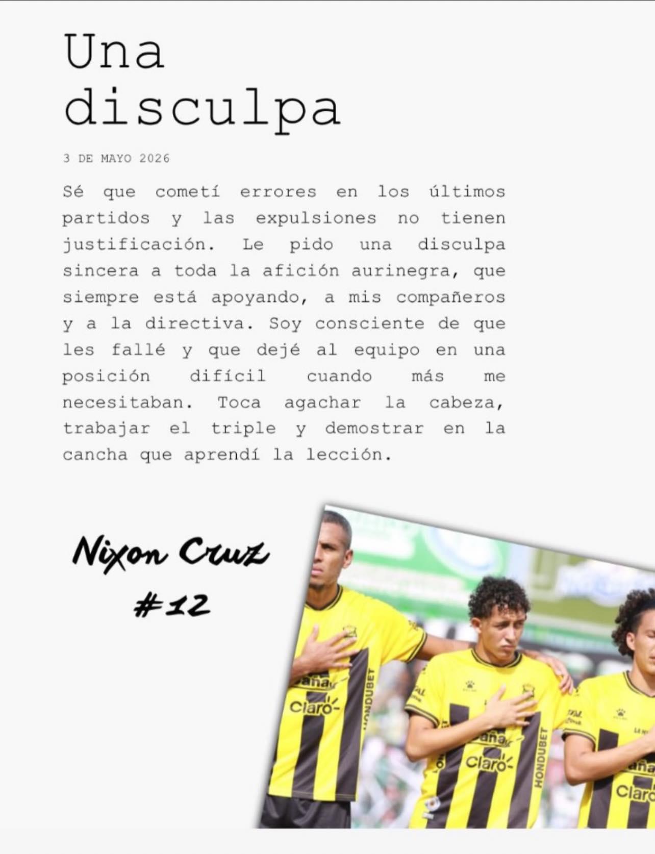 El mensaje de Nixon Cruz tras ser expulsado en el derbi frente a Marathón.