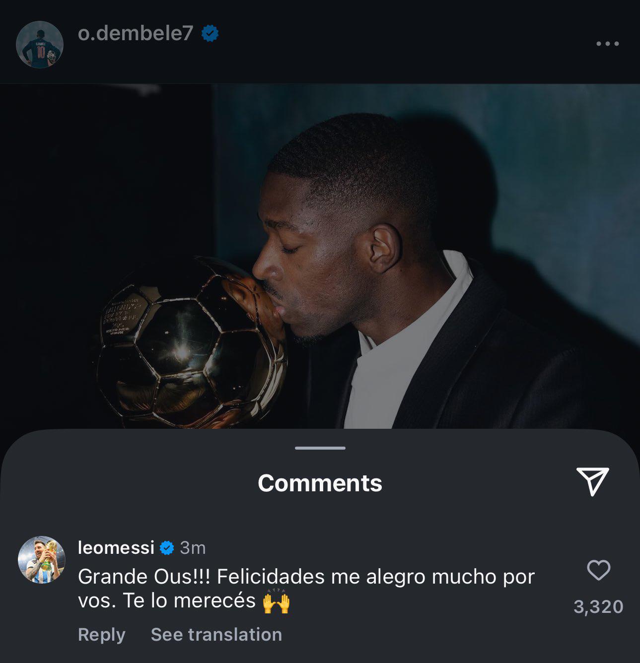 Messi felicitó a Dembélé por ganar el Balón de Oro 2025.