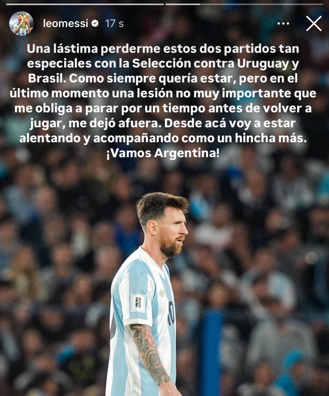 El mensaje de Messi tras confirmarse su baja en la selección de Argentina para los partidos ante Uruguay y Brasil