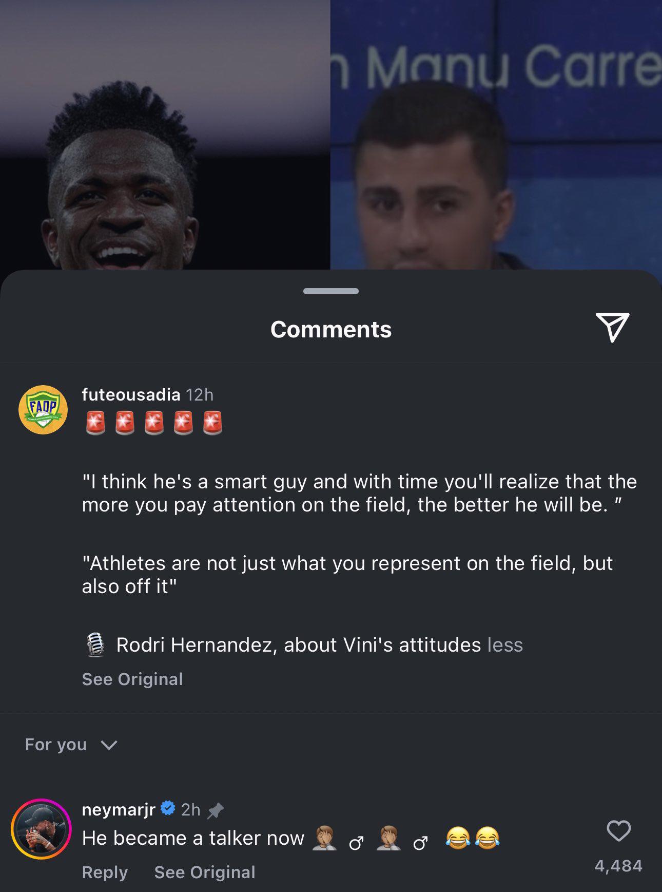 “Ahora es un hablador”, dijo Neymar tras las últimas declaraciones de Rodrgi sobre Vinicius.