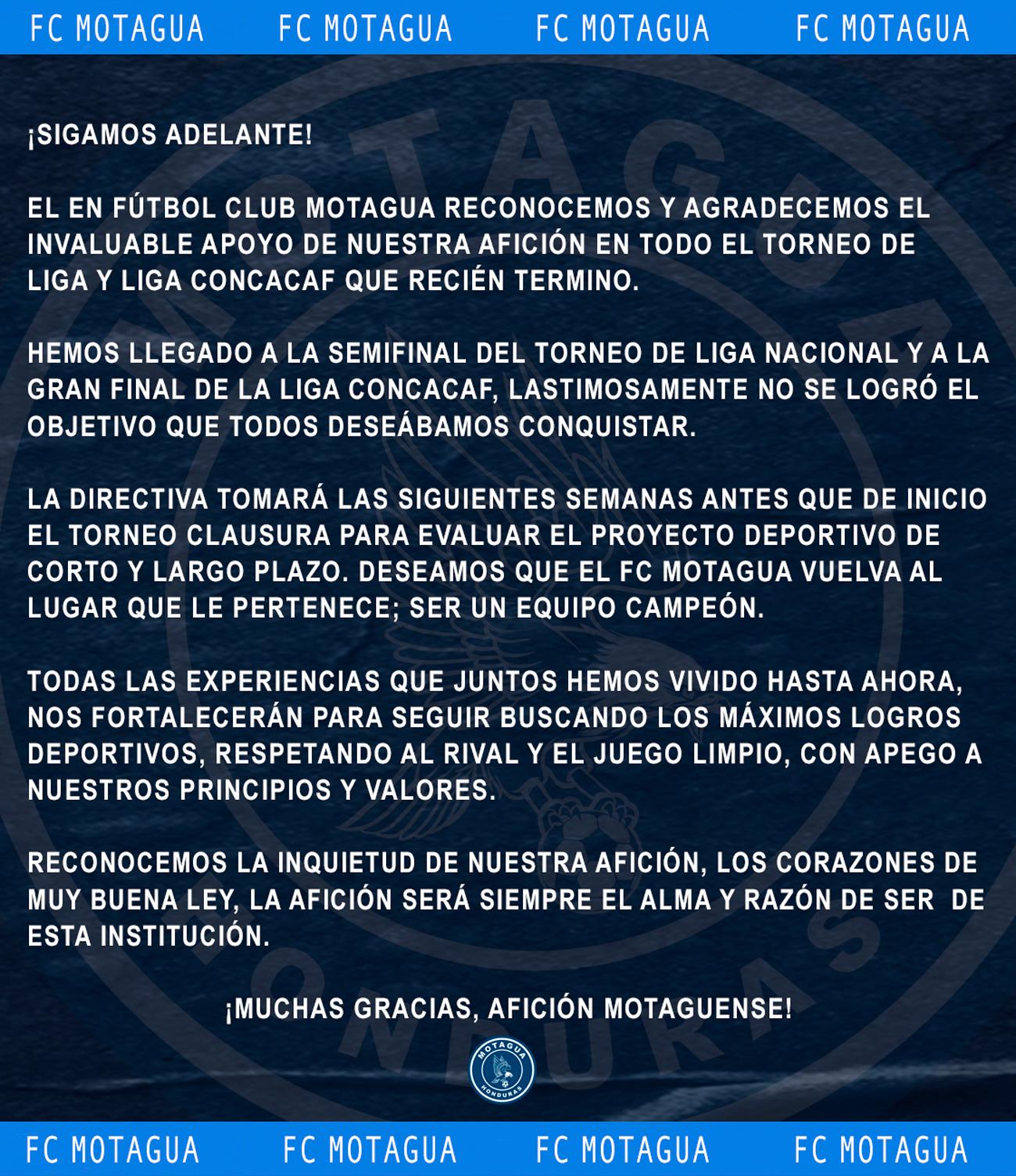 Motagua emite comunicado de prensa anunciando las decisiones para el futuro del club tras fracasos en Liga y Concacaf