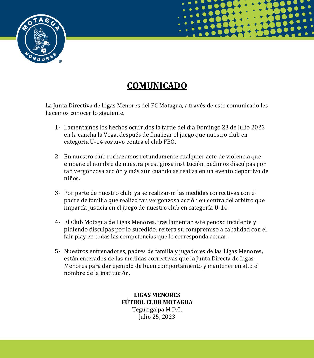 Motagua compartió en sus redes sociales este comunicado.