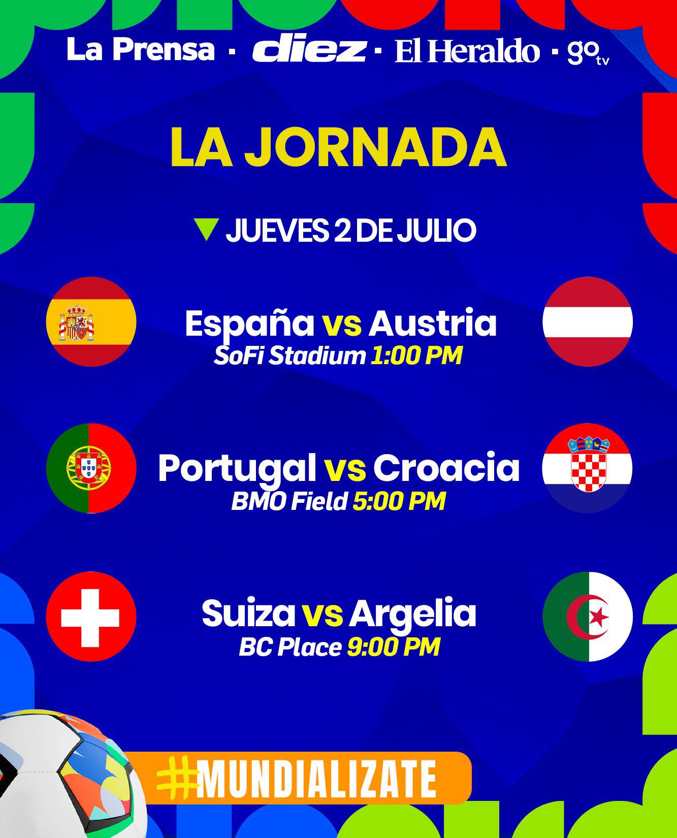 Los partidos que se jugarán este jueves por los 16avos del Mundial 2026.