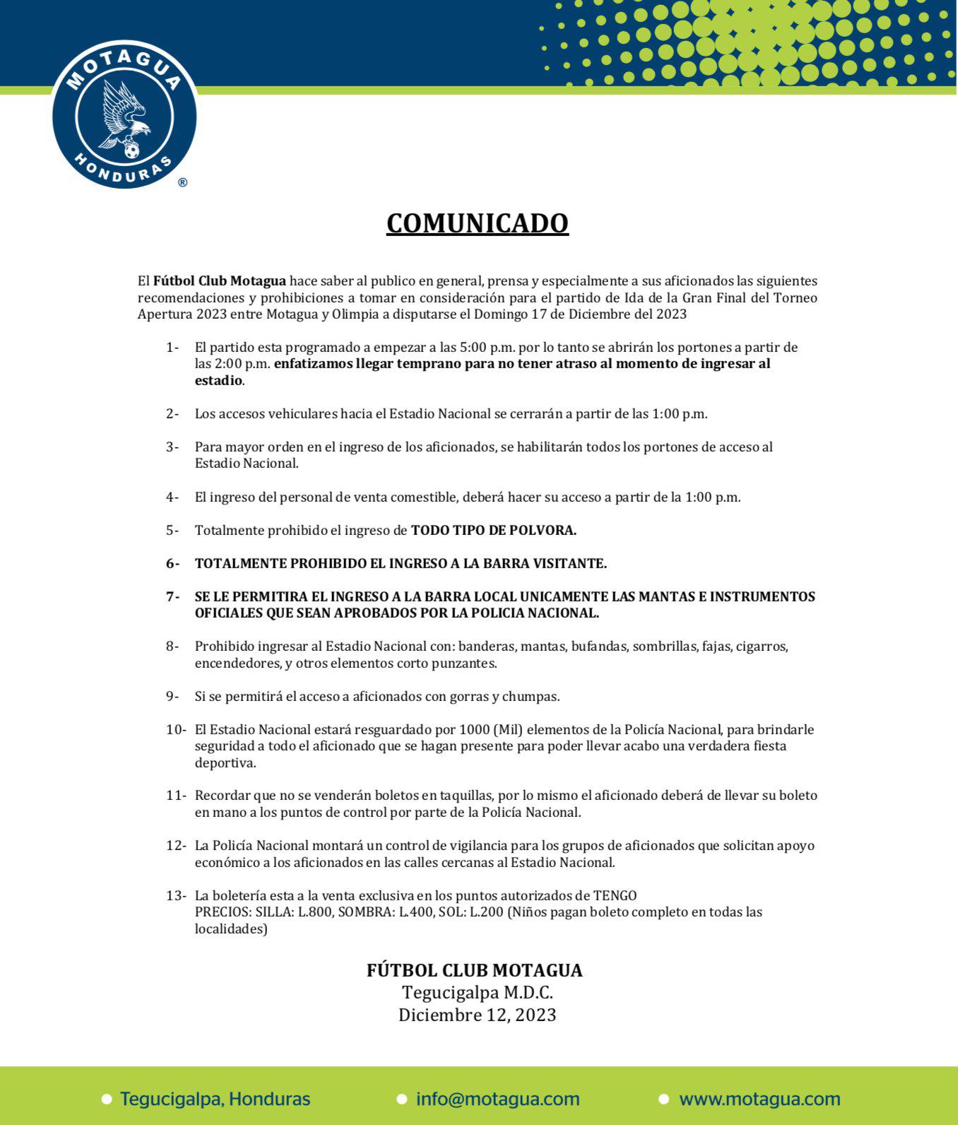 Motagua anuncia las prohibiciones para la final de ida del domingo ante Olimpia ¿Puede entrar la barra visitante?