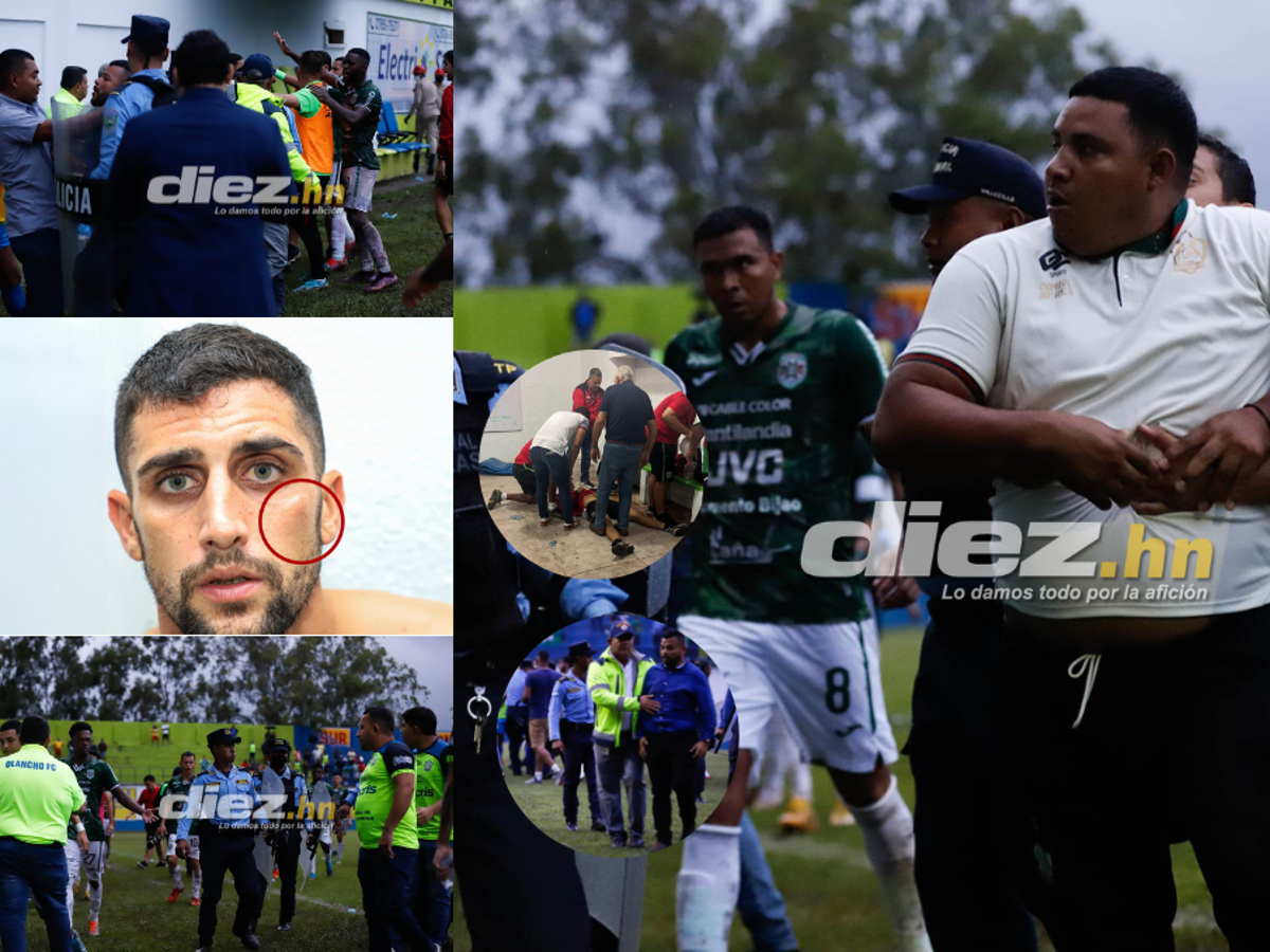 Las fotos que dejó el zafarrancho en el Olancho - Marathón: tendidos en el suelo, golpes en la cara y bruscos agarrones