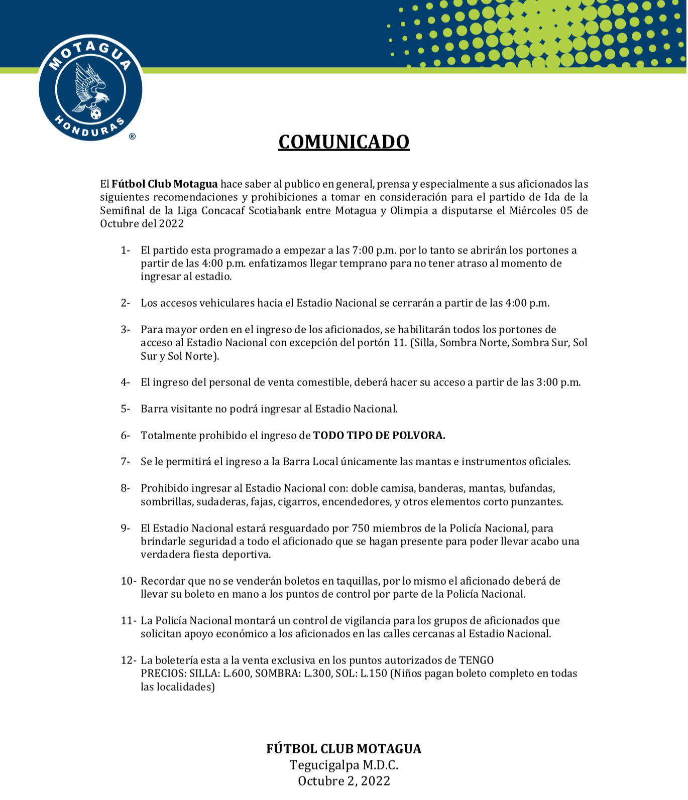 Motagua prohíbe el ingreso de la barra del Olimpia para el choque de ida de semifinales por Liga Concacaf