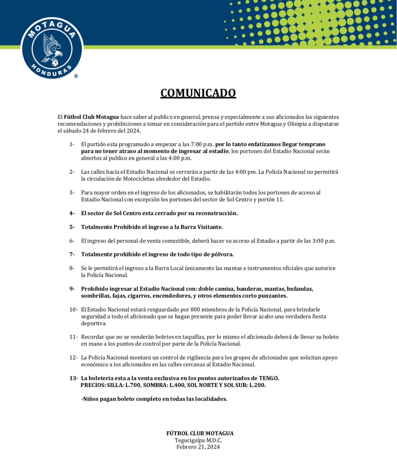 El comunicado de Motagua sobre el tema de seguridad para el clásico.